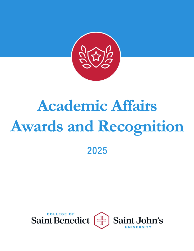 Cover page with a red badge icon above the title "Academic Affairs Awards and Recognition 2025." At the bottom are the logos for the College of Saint Benedict and Saint John’s University.
